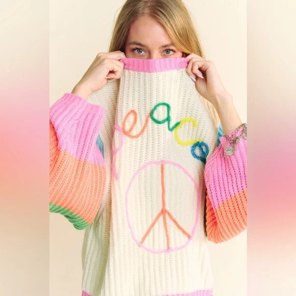 Multicolor Striped Peace Sign Balloon Sleeve Sweater - Davi & Dani - Picture 5 of 8